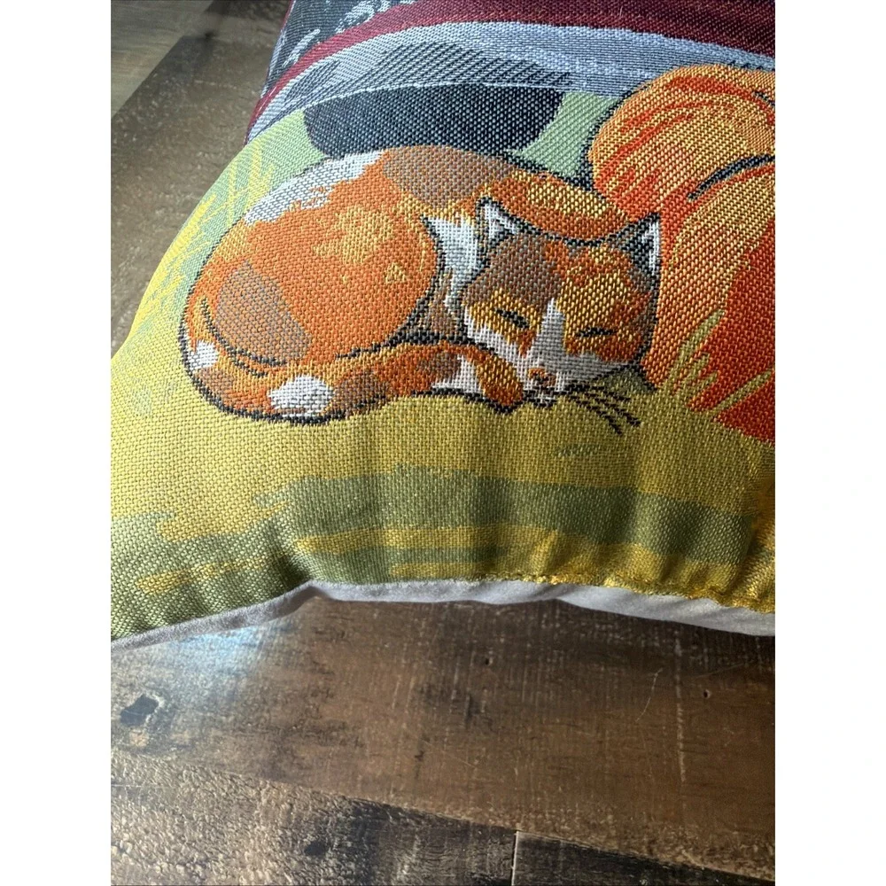 Fall Tapestry Throw Pillow 17x17 Autumn Harvest Red Truck Pumpkins Black Dog Cat